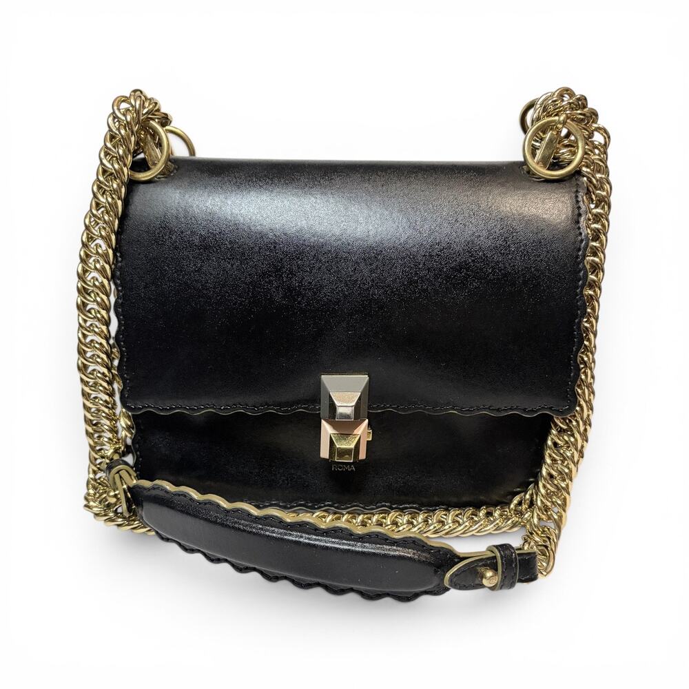 Fendi Kan I Medium Scalloped Black Leather Multicolor Pyramid Stud Chain Bag COA